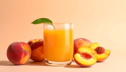Fototapeta premium A tall glass of fresh peach juice with a green leaf garnish, surrounded by ripe peaches, against a light orange background