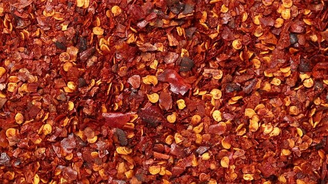 Top view of coarse chili flakes rotating  slowly, thai food ingredient.
