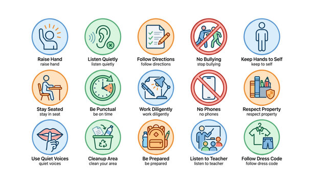 School classroom rules badges: respect, punctuality, quiet, cleanliness, preparedness