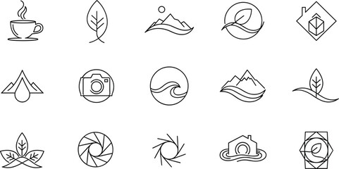 Obraz premium Minimal nature and photography line icons set with mountains leaves waves camera and abstract eco symbols modern vector illustration collection