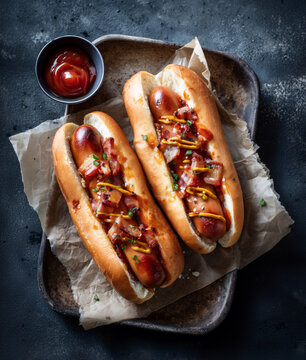 New York style hot dogs with mustard, bacon, ketchup and salt