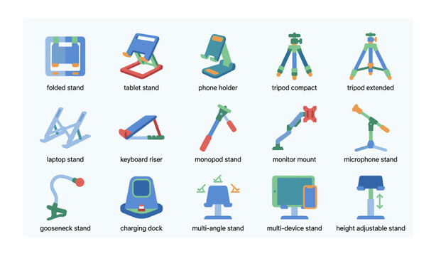 Assorted device stands and holders: tablet, phone, tripod, laptop, and more