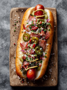 New York style hot dog with mustard, bacon, jalape&ntilde;o peppers, onion, relish and salt