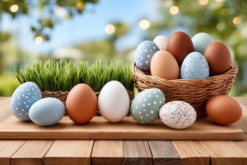 Obraz premium Easter eggs in a wicker basket on a wooden table with spring grass and pastel decorations