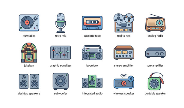 Vintage audio equipment icons: turntable, cassette, radio, speaker, amplifier set