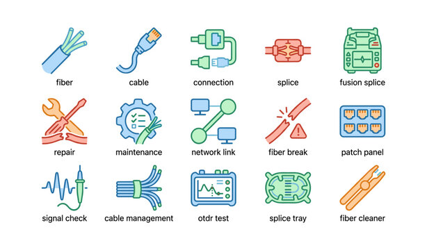 Comprehensive telecommunication icons for fiber optic network management