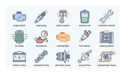 Fototapeta premium Automotive icon set featuring tools and engine components in flat design