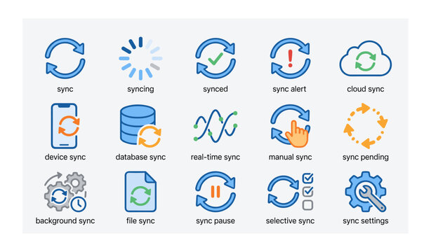 Icons representing various sync functions and settings in blue and orange
