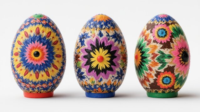 Ukrainian Pisanka Easter Eggs Three Close Up Mandala Floral Blue Yellow Colored Stand Isolated
