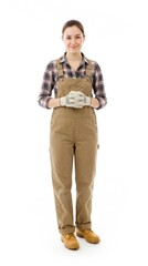 Fototapeta premium Woman in workwear, holding gardening gloves, smiling.