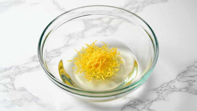 Lemon zest and oil in a glass bowl cooking preparation closeup shot.