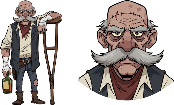 Gritty cartoon old man character with crutch and bottle, injured senior male vector illustration, elderly veteran with mustache and bandages