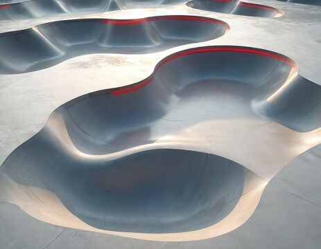 Abstract concrete skatepark with flowing curves and red LED accents. Empty outdoor park features smooth ramps and bowls. Urban landscape for extreme sports and recreation.