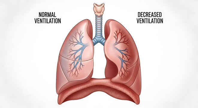 Normal and Decreased Ventilation in Human Lungs Medical Illustration.