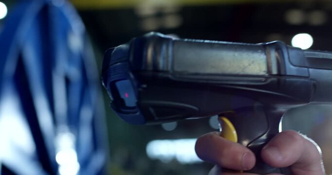 Close up of a hand-held industrial barcode scanner or data terminal used in a warehouse facility