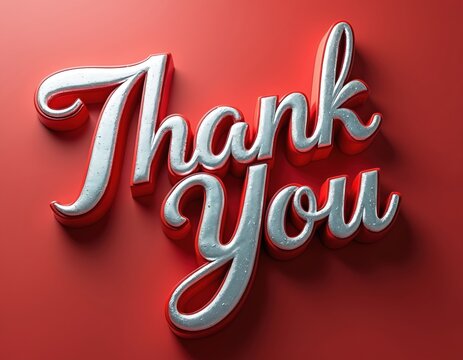 Bold metallic 3D text reads Thank You. Simple red background. Elegant script font letters express appreciation, gratitude and praise. Great for cards.