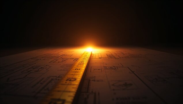 Measuring Tool Illuminated by Warm Glow on Architectural Blueprint