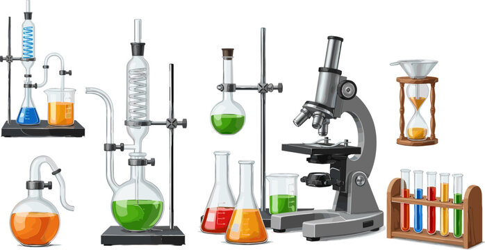 Scientific Lab Equipment Set Featuring Flasks, Beakers, Microscope, and Hourglass for Chemistry, Education, and Laboratory Designs