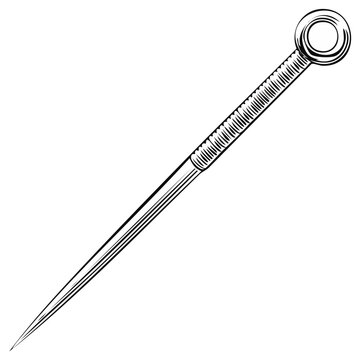 Engraved drawing of a traditional bodkin needle with a decorative eye for threading
