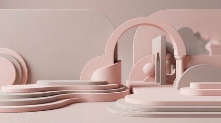 abstract 3d pink geometric shapes and arches composition