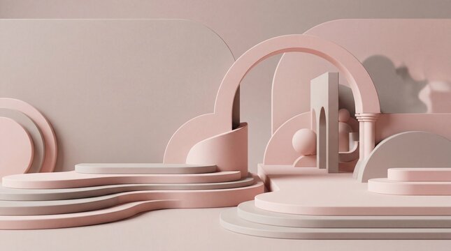 abstract 3d pink geometric shapes and arches composition