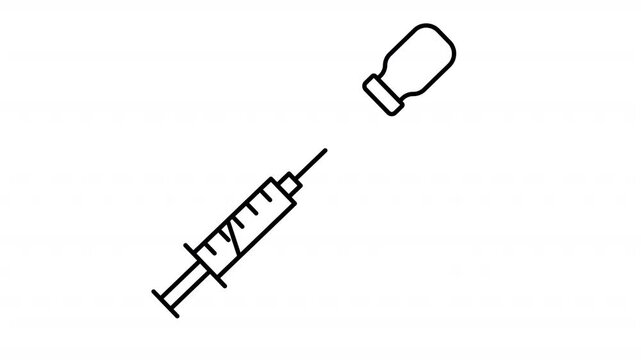 Animated Syringe with Vaccine Vial Black Line Icon. Immunization medical injection healthcare treatment and drug administration concept. Icon animation on transparent background