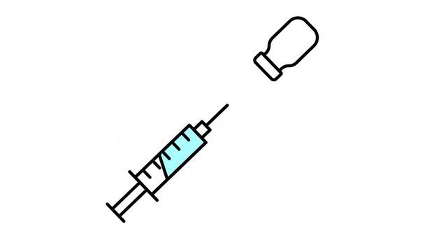 Animated Syringe with Vaccine Vial Color Icon. Immunization medical injection healthcare treatment and drug administration concept. Icon animation on transparent background