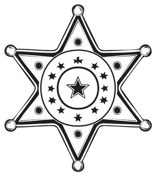 Illustration of a Six-Pointed Star Sheriff Badge with Intricate Details and Circular Center Featuring a Lone Star for Law Enforcement Design Projects