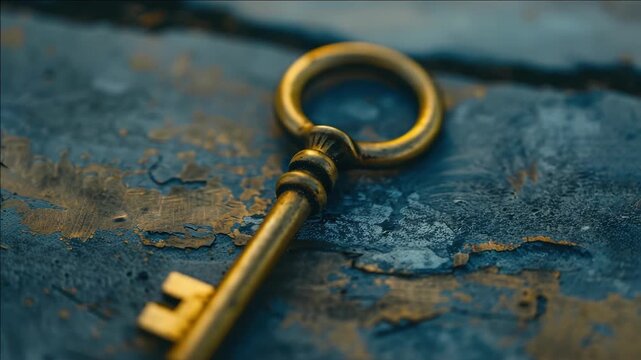 Vintage brass key rests on weathered blue wood surface. Key shows wear, patina, and rustic charm. Background texture reveals age, cracks, and faded paint. Focus highlights key's shape