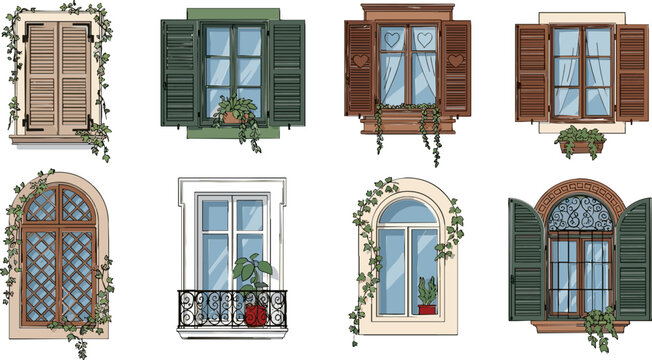 Set of Decorative Windows with Shutters, Vines, and Plants for Home Architecture, Interior, and Vintage Design Graphics