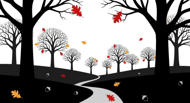 A winding path leads through a stylized forest with bare trees and falling autumn leaves.