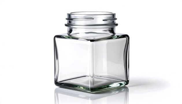 A square glass jar with a rounded square base and a threaded neck sits against a plain white background