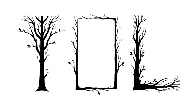 Silhouette of bare trees forming the letters Y, O, and L, with a rectangular frame in the middle, against a white background.