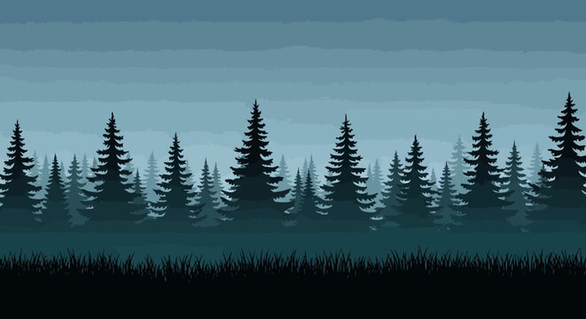 A serene, dark evergreen forest landscape under a moody, overcast sky, with silhouetted pine trees stretching across the horizon.