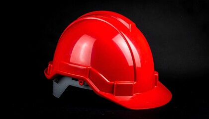 Fototapeta premium A vibrant red safety helmet sits on a dark surface, exhibiting glossy highlights. The protective gear is angled