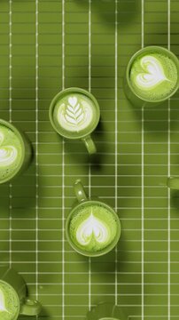 Vertical matcha latte art tea green cup beverage cafe drink pattern ceramic tile, manual realistic 3D render loop animation, Japanese menu coffee house banner promo template cover wellness organic
