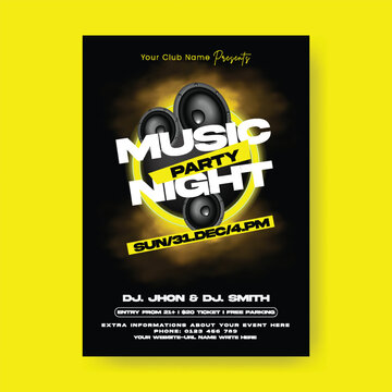 DJ Party Flyer Template for Nightclub Event Promotion, dj Music speakers Poster Design, Hip Hop Music Night Flyer, Print Ready A4 Layout, Editable Creative Club Brochure Cover Template