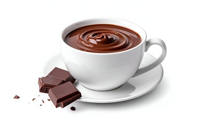 Fototapeta premium A white mug overflows with rich, swirling dark beverage. Beside the cup is a small white saucer holding three dark chocolate squares