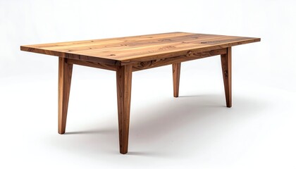 Fototapeta premium A wooden dining table is displayed against a white backdrop. It has a rectangular top, tapered legs, and a natural wood grain finish
