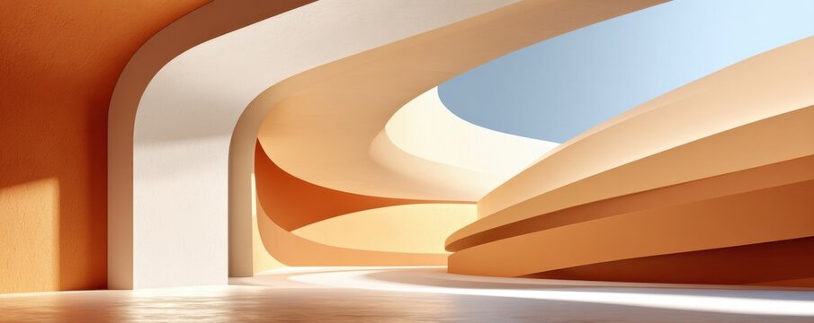 Abstract modern architecture with soft curved surfaces, warm tones and sunlit minimal interior