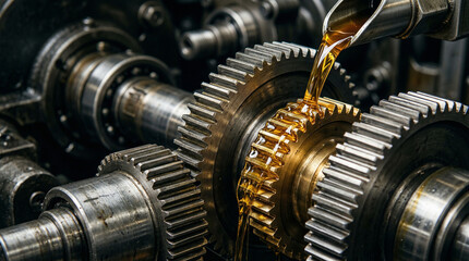 Fototapeta premium Golden Oil Pouring on Industrial Metal Gears for Lubrication