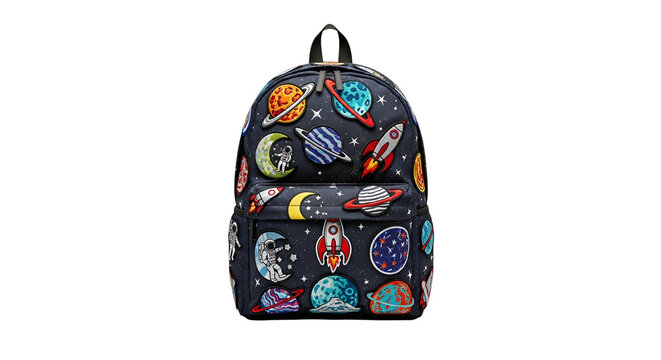 Dark blue backpack adorned with colorful space-themed patches: planets stars rockets and astronauts for school or travel