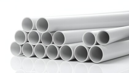 Fototapeta premium Close-up of several white, cylindrical tubes stacked atop each other against a white background, showcasing their round openings