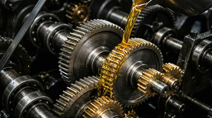 Fototapeta premium Lubricating Industrial Gears with Golden Oil in Complex Machinery