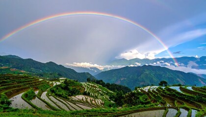 Fototapeta premium Scenic view of terraced rice fields with rainbow over mountains