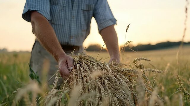 Farmer hand gently holding golden wheat stalk bundle in vast agricultural field under warm evening sunlight, representing abundant harvest and sustainable cultivation practice.