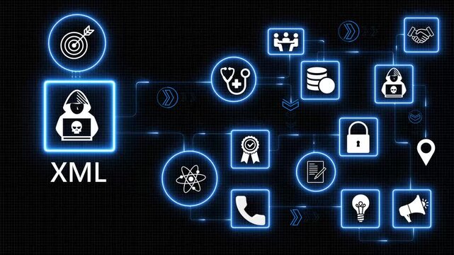 XML data structure technology icons network with glowing blue digital interface information exchange system coding markup language concept motion graphics 4k visuals