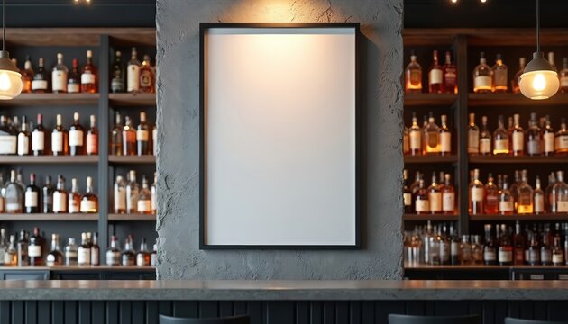 Bar interior features shelves stocked with liquor bottles. Empty frame above counter awaits graphics or text for promotion, sale or event announcement.