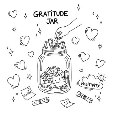 Gratitude jar filled with rolled scrolls expressing thankfulness joy and positivity with hand dropping more notes and surrounding hearts and stars symbolizes appreciation and happiness.