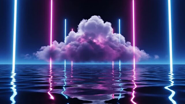 Stunning Neon Cloudscape A Serene Reflection on Water with Vibrant Lights.